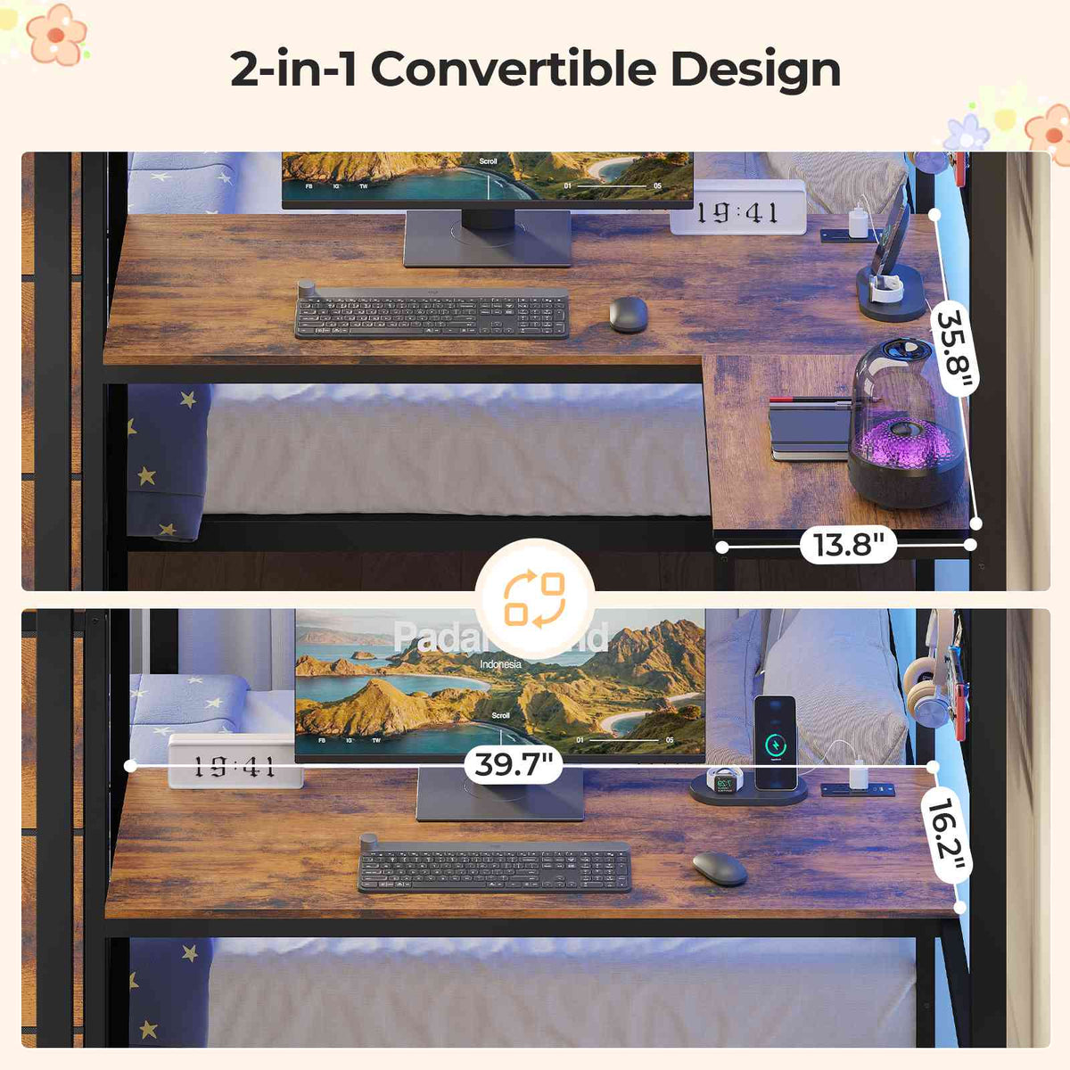 ADORNEVE | Bunk Bed Twin Over Twin with L-Shaped Desk and Stairs 7 Drawers LED Bunk Beds with Charging Station Metal Grid Panel