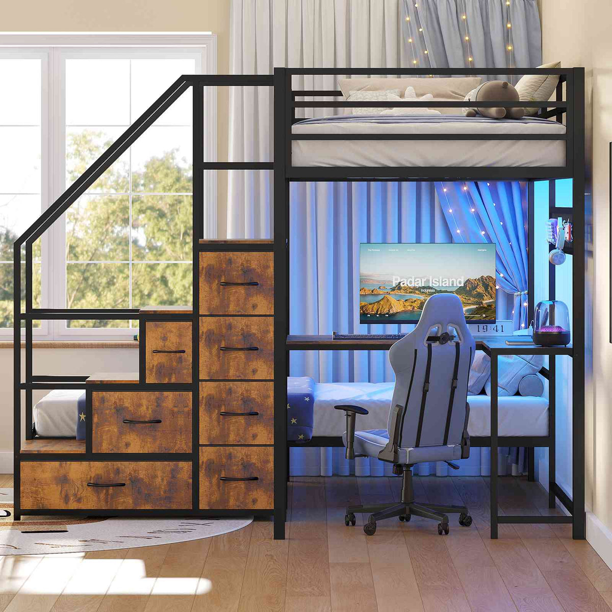 ADORNEVE | Bunk Bed Twin Over Twin with L-Shaped Desk and Stairs 7 Drawers LED Bunk Beds with Charging Station Metal Grid Panel