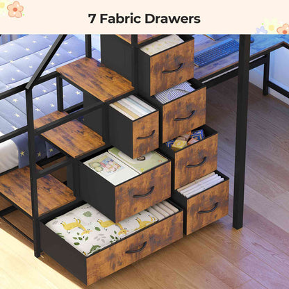ADORNEVE | Bunk Bed Twin Over Twin with L-Shaped Desk and Stairs 7 Drawers LED Bunk Beds with Charging Station Metal Grid Panel