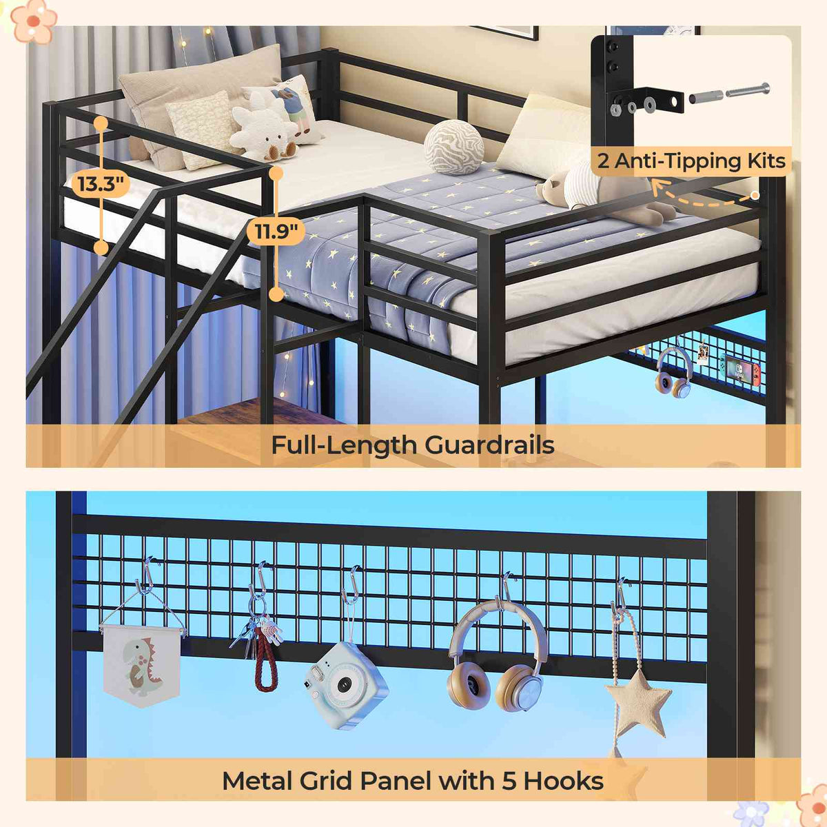 ADORNEVE | Bunk Bed Twin Over Twin with L-Shaped Desk and Stairs 7 Drawers LED Bunk Beds with Charging Station Metal Grid Panel