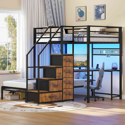 ADORNEVE | Bunk Bed Twin Over Twin with L-Shaped Desk and Stairs 7 Drawers LED Bunk Beds with Charging Station Metal Grid Panel