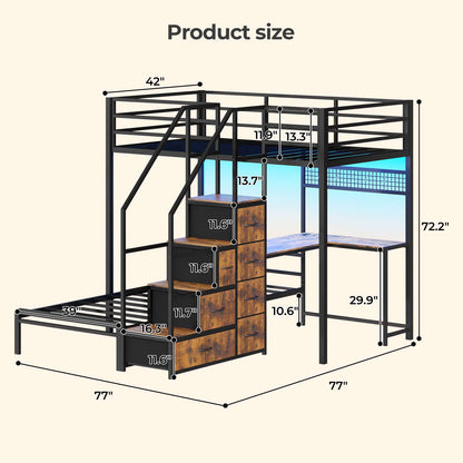 ADORNEVE | Bunk Bed Twin Over Twin with L-Shaped Desk and Stairs 7 Drawers LED Bunk Beds with Charging Station Metal Grid Panel