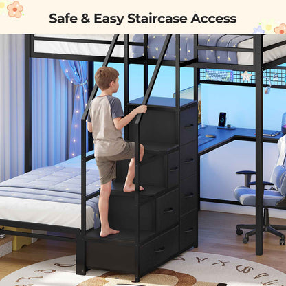 ADORNEVE | Bunk Bed Twin Over Twin with L-Shaped Desk and Stairs 7 Drawers LED Bunk Beds with Charging Station Metal Grid Panel