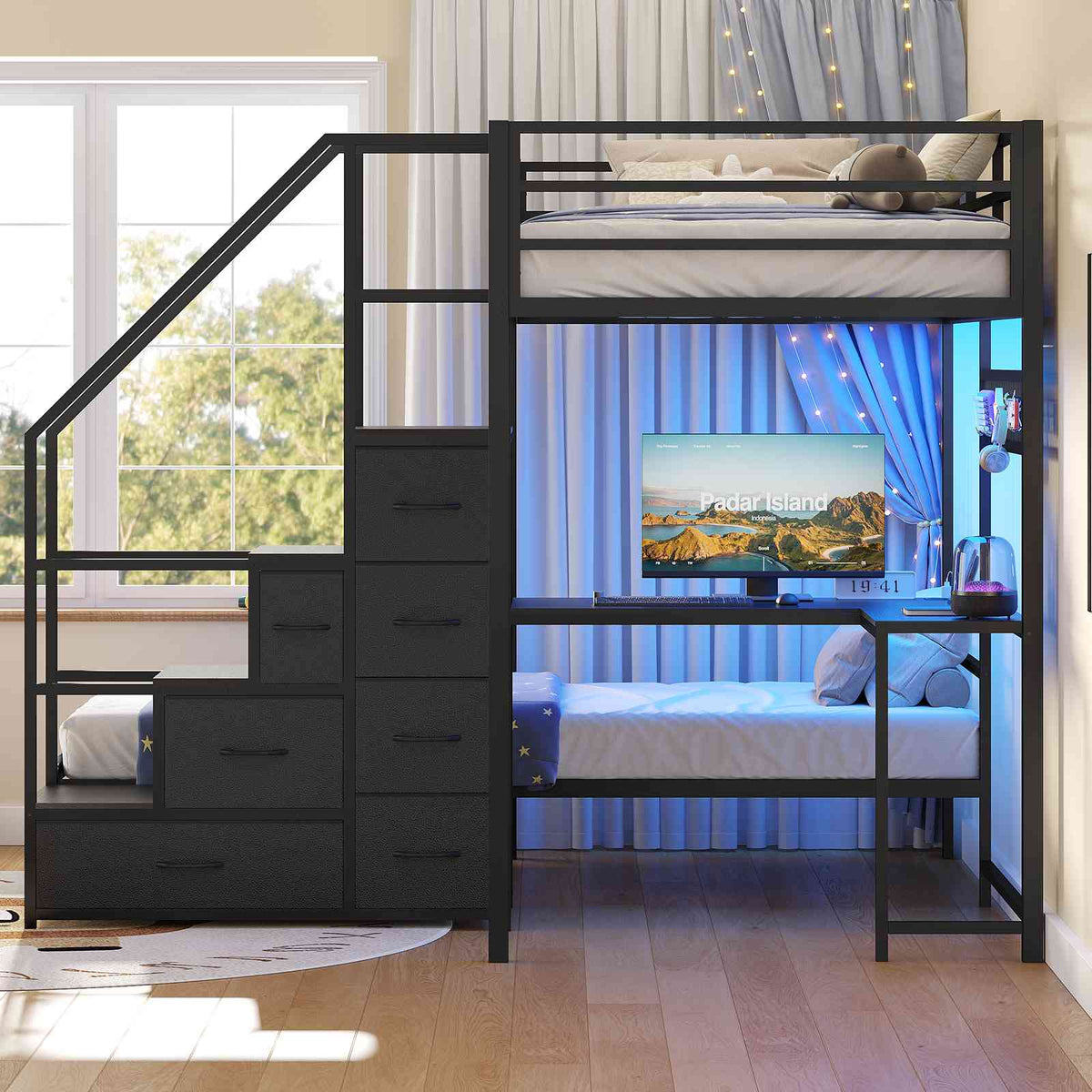 ADORNEVE | Bunk Bed Twin Over Twin with L-Shaped Desk and Stairs 7 Drawers LED Bunk Beds with Charging Station Metal Grid Panel