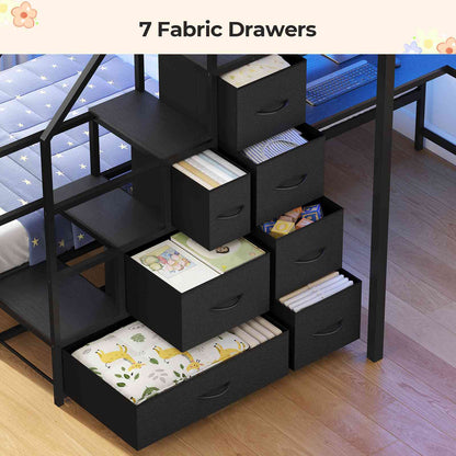 ADORNEVE | Bunk Bed Twin Over Twin with L-Shaped Desk and Stairs 7 Drawers LED Bunk Beds with Charging Station Metal Grid Panel
