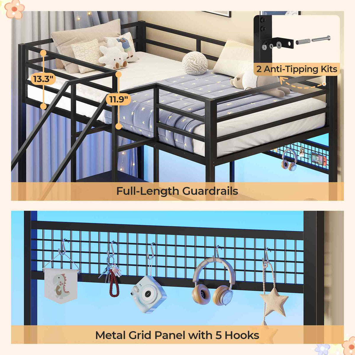 ADORNEVE | Bunk Bed Twin Over Twin with L-Shaped Desk and Stairs 7 Drawers LED Bunk Beds with Charging Station Metal Grid Panel