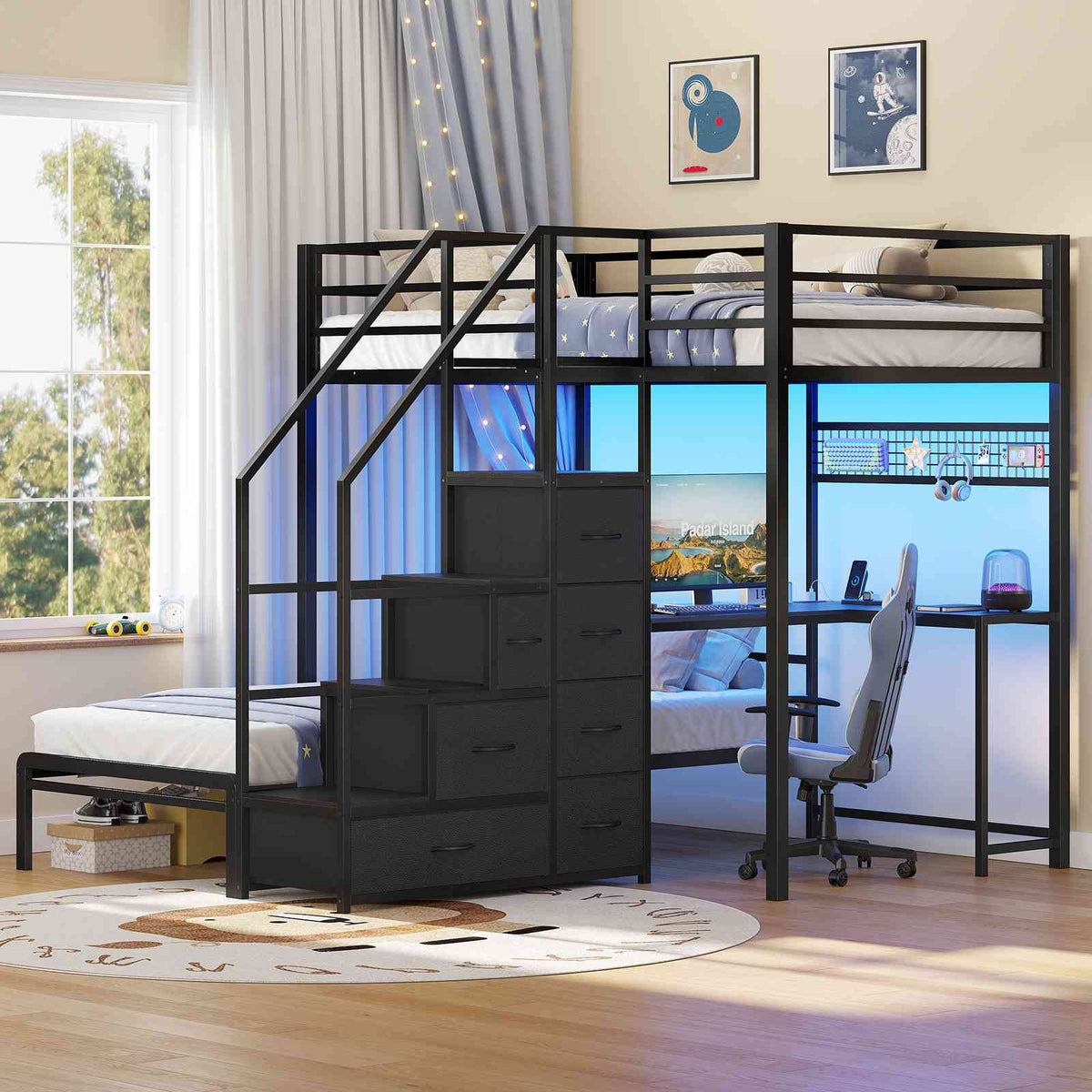 ADORNEVE | Bunk Bed Twin Over Twin with L-Shaped Desk and Stairs 7 Drawers LED Bunk Beds with Charging Station Metal Grid Panel