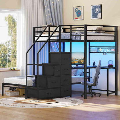 ADORNEVE | Bunk Bed Twin Over Twin with L-Shaped Desk and Stairs 7 Drawers LED Bunk Beds with Charging Station Metal Grid Panel