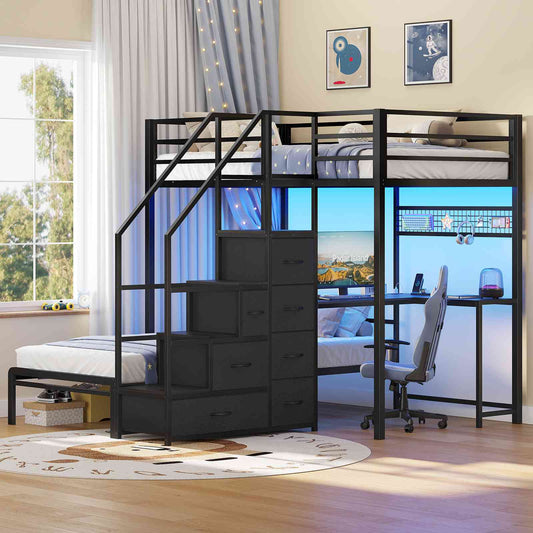 ADORNEVE | Bunk Bed Twin Over Twin with L-Shaped Desk and Stairs 7 Drawers LED Bunk Beds with Charging Station Metal Grid Panel
