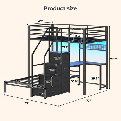 ADORNEVE | Bunk Bed Twin Over Twin with L-Shaped Desk and Stairs 7 Drawers LED Bunk Beds with Charging Station Metal Grid Panel