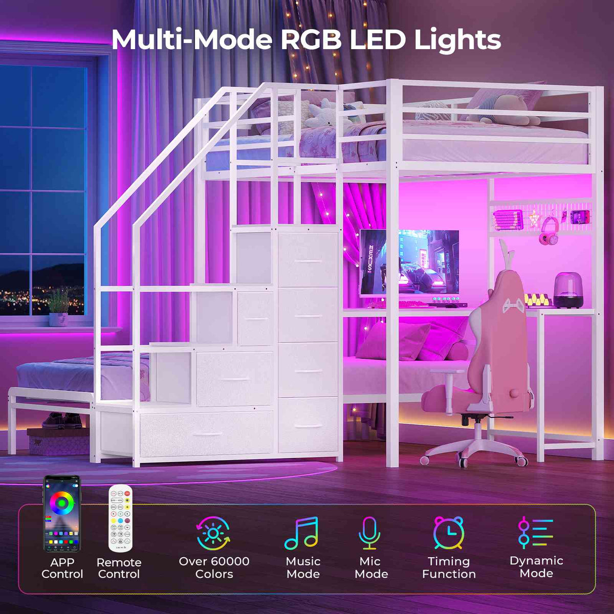 ADORNEVE | Bunk Bed Twin Over Twin with L-Shaped Desk and Stairs 7 Drawers LED Bunk Beds with Charging Station Metal Grid Panel