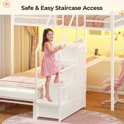 ADORNEVE | Bunk Bed Twin Over Twin with L-Shaped Desk and Stairs 7 Drawers LED Bunk Beds with Charging Station Metal Grid Panel