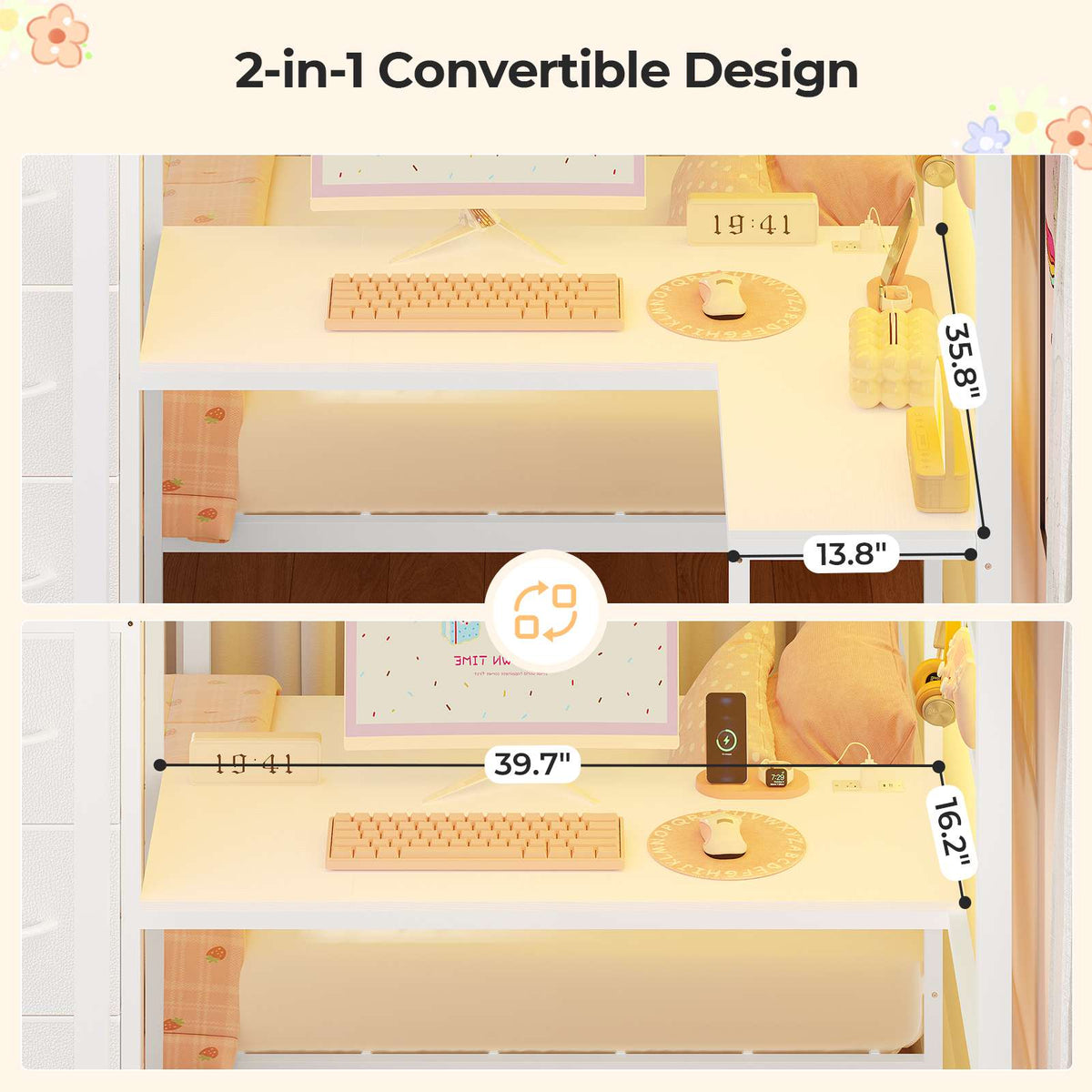 ADORNEVE | Bunk Bed Twin Over Twin with L-Shaped Desk and Stairs 7 Drawers LED Bunk Beds with Charging Station Metal Grid Panel