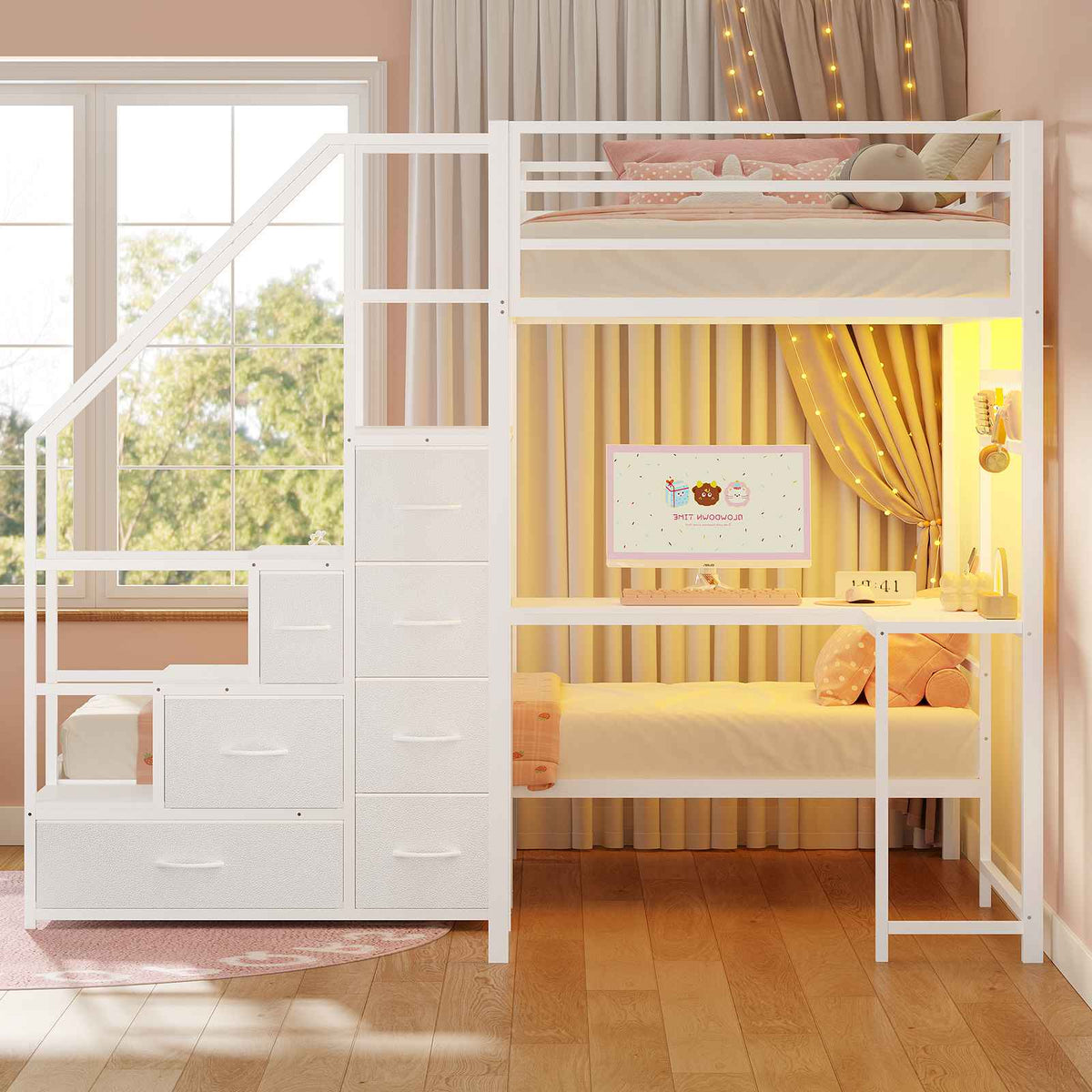 ADORNEVE | Bunk Bed Twin Over Twin with L-Shaped Desk and Stairs 7 Drawers LED Bunk Beds with Charging Station Metal Grid Panel