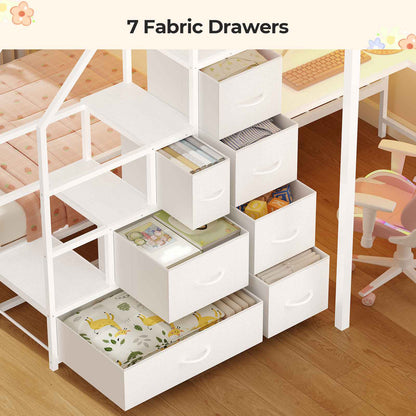 ADORNEVE | Bunk Bed Twin Over Twin with L-Shaped Desk and Stairs 7 Drawers LED Bunk Beds with Charging Station Metal Grid Panel
