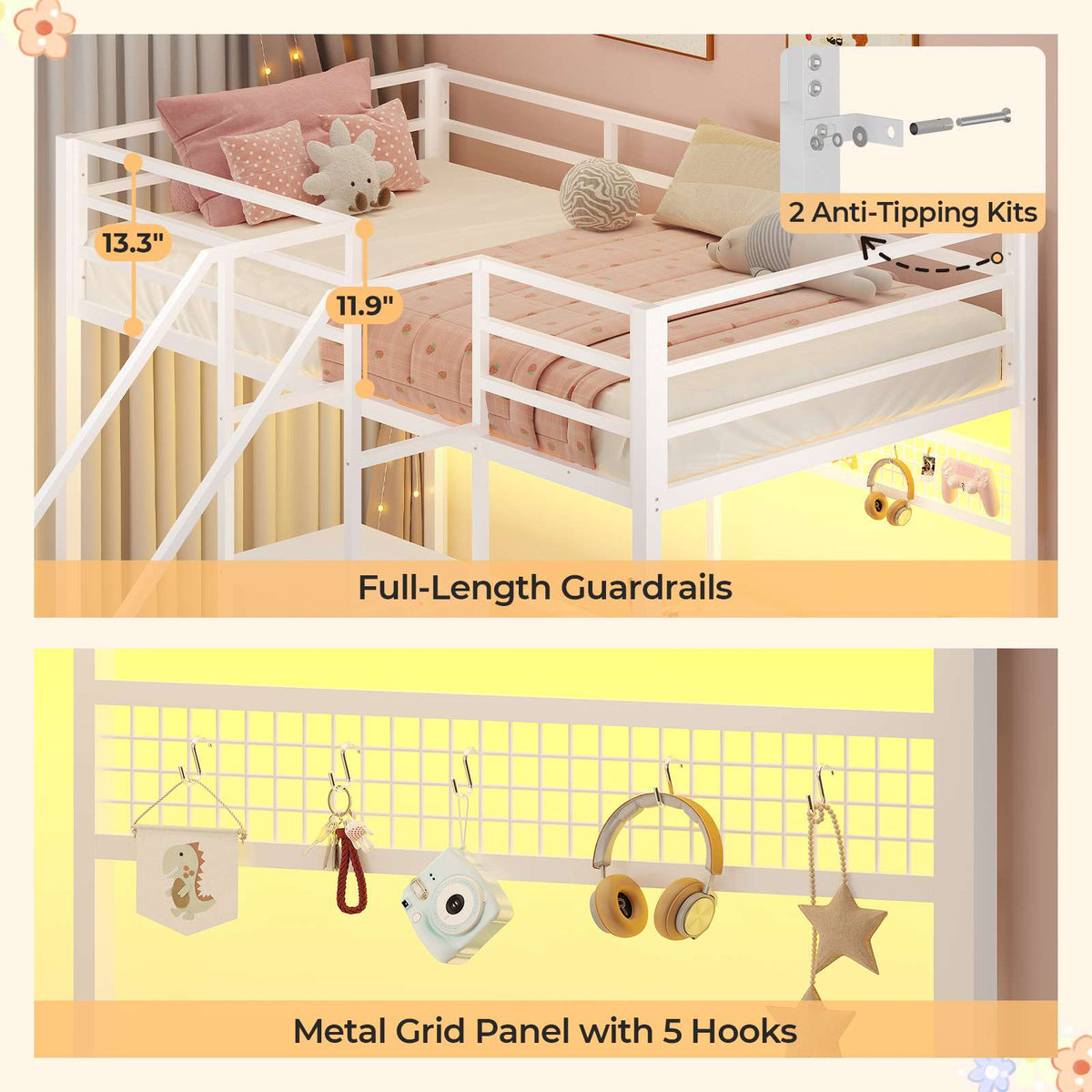 ADORNEVE | Bunk Bed Twin Over Twin with L-Shaped Desk and Stairs 7 Drawers LED Bunk Beds with Charging Station Metal Grid Panel