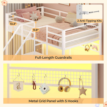 ADORNEVE | Bunk Bed Twin Over Twin with L-Shaped Desk and Stairs 7 Drawers LED Bunk Beds with Charging Station Metal Grid Panel