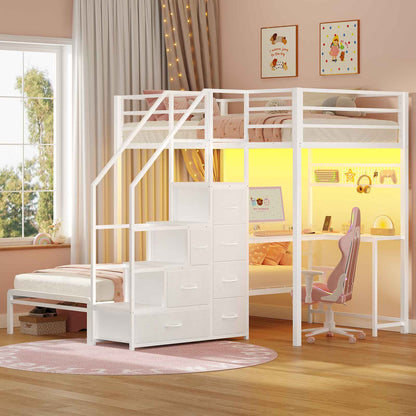 ADORNEVE | Bunk Bed Twin Over Twin with L-Shaped Desk and Stairs 7 Drawers LED Bunk Beds with Charging Station Metal Grid Panel