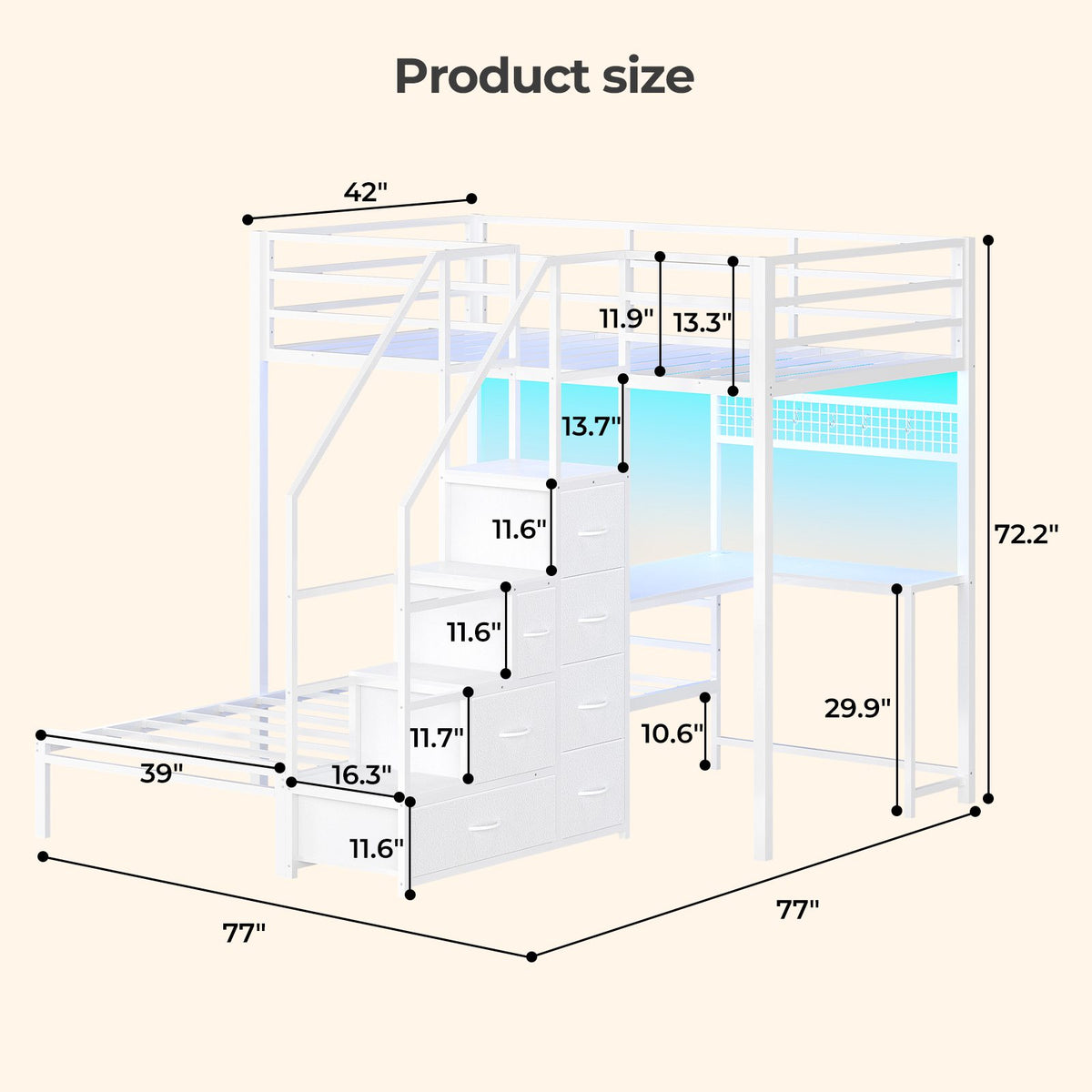 ADORNEVE | Bunk Bed Twin Over Twin with L-Shaped Desk and Stairs 7 Drawers LED Bunk Beds with Charging Station Metal Grid Panel