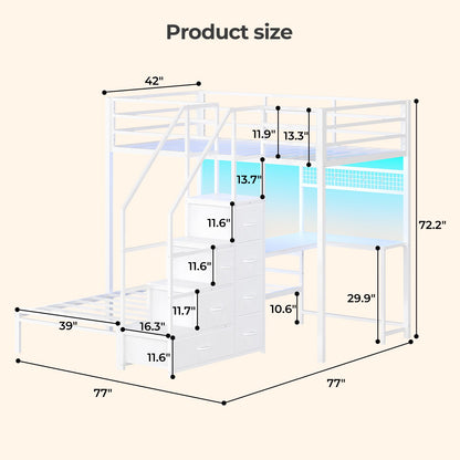 ADORNEVE | Bunk Bed Twin Over Twin with L-Shaped Desk and Stairs 7 Drawers LED Bunk Beds with Charging Station Metal Grid Panel