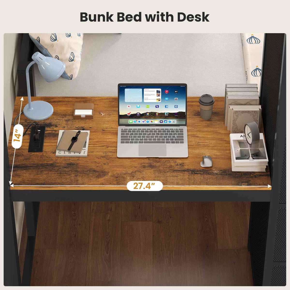 ADORNEVE | Twin Over Full Bunk Bed with Desk and 5 Drawers Power Strip LED Bunk Beds with Storage Pockets and Safety Guardrails
