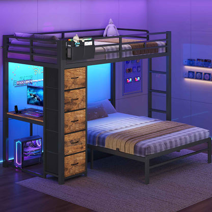 ADORNEVE | Twin Over Full Bunk Bed with Desk and 5 Drawers Power Strip LED Bunk Beds with Storage Pockets and Safety Guardrails