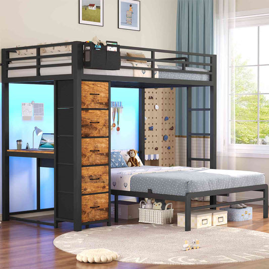 ADORNEVE | Twin Over Full Bunk Bed with Desk and 5 Drawers Power Strip LED Bunk Beds with Storage Pockets and Safety Guardrails