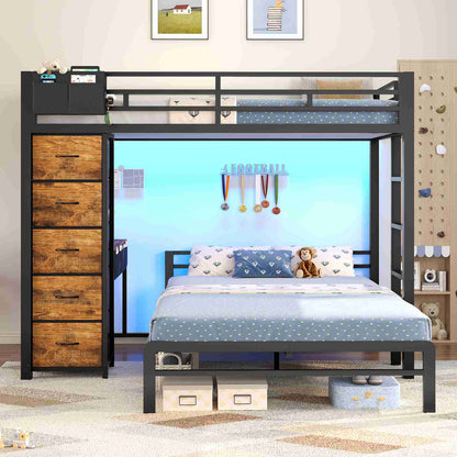 ADORNEVE | Twin Over Full Bunk Bed with Desk and 5 Drawers Power Strip LED Bunk Beds with Storage Pockets and Safety Guardrails