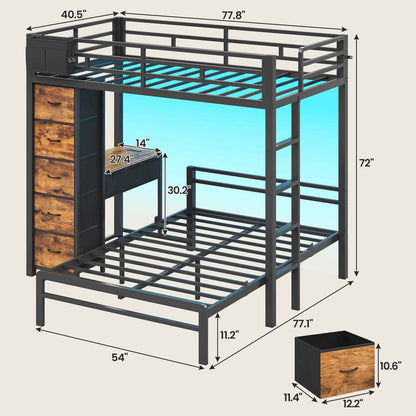 ADORNEVE | Twin Over Full Bunk Bed with Desk and 5 Drawers Power Strip LED Bunk Beds with Storage Pockets and Safety Guardrails