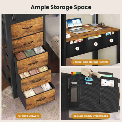 ADORNEVE | Twin Over Full Bunk Bed with Desk and 5 Drawers Power Strip LED Bunk Beds with Storage Pockets and Safety Guardrails
