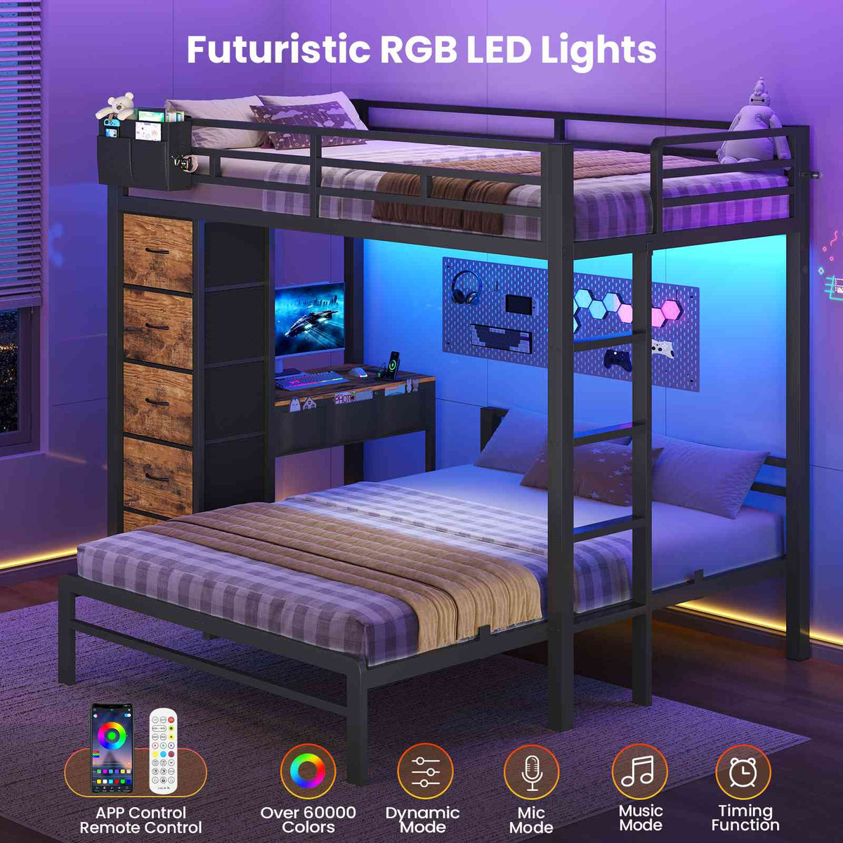 ADORNEVE | Twin Over Full Bunk Bed with Desk and 5 Drawers Power Strip LED Bunk Beds with Storage Pockets and Safety Guardrails