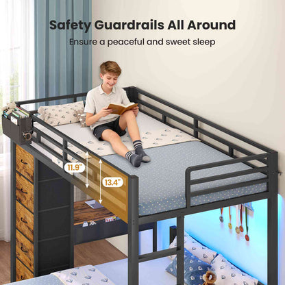 ADORNEVE | Twin Over Full Bunk Bed with Desk and 5 Drawers Power Strip LED Bunk Beds with Storage Pockets and Safety Guardrails