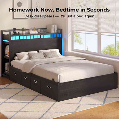 ADORNEVE Full Size Bed Frame with Pull-Out Desk and 4 Drawers Platform Bed with 13.7" Widened Shelf Headboard and 2-Tier Bookrack LED Kids Bed with Charging Station