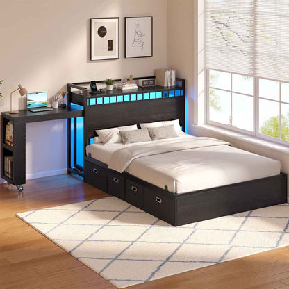 ADORNEVE Full Size Bed Frame with Pull-Out Desk and 4 Drawers Platform Bed with 13.7" Widened Shelf Headboard and 2-Tier Bookrack LED Kids Bed with Charging Station