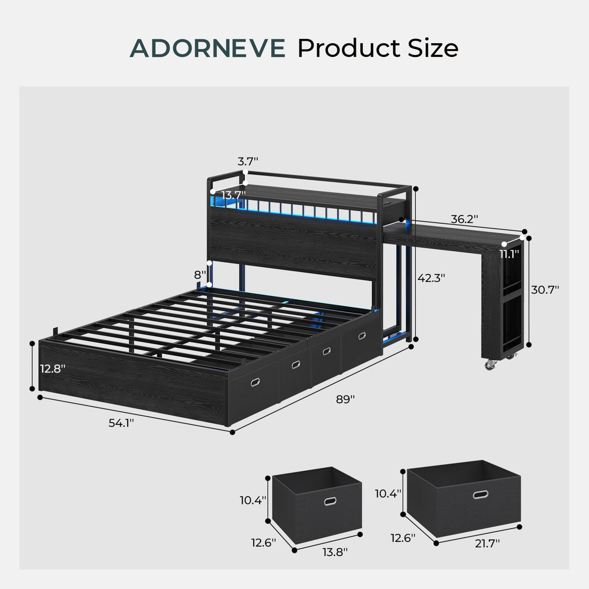ADORNEVE Full Size Bed Frame with Pull-Out Desk and 4 Drawers Platform Bed with 13.7" Widened Shelf Headboard and 2-Tier Bookrack LED Kids Bed with Charging Station