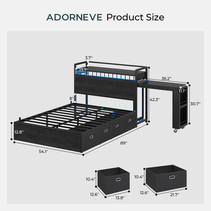 ADORNEVE Full Size Bed Frame with Pull-Out Desk and 4 Drawers Platform Bed with 13.7" Widened Shelf Headboard and 2-Tier Bookrack LED Kids Bed with Charging Station