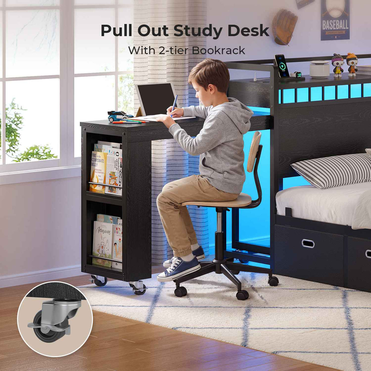 ADORNEVE Full Size Bed Frame with Pull-Out Desk and 4 Drawers Platform Bed with 13.7" Widened Shelf Headboard and 2-Tier Bookrack LED Kids Bed with Charging Station