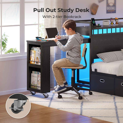 ADORNEVE Full Size Bed Frame with Pull-Out Desk and 4 Drawers Platform Bed with 13.7" Widened Shelf Headboard and 2-Tier Bookrack LED Kids Bed with Charging Station