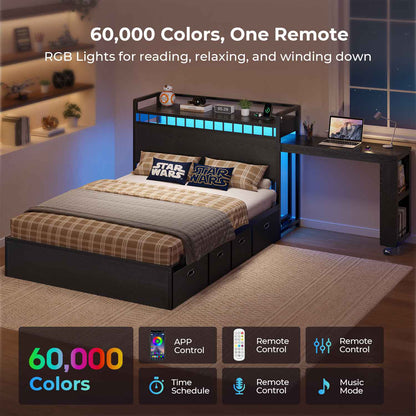 ADORNEVE Full Size Bed Frame with Pull-Out Desk and 4 Drawers Platform Bed with 13.7" Widened Shelf Headboard and 2-Tier Bookrack LED Kids Bed with Charging Station