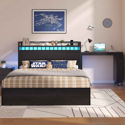 ADORNEVE Full Size Bed Frame with Pull-Out Desk and 4 Drawers Platform Bed with 13.7" Widened Shelf Headboard and 2-Tier Bookrack LED Kids Bed with Charging Station