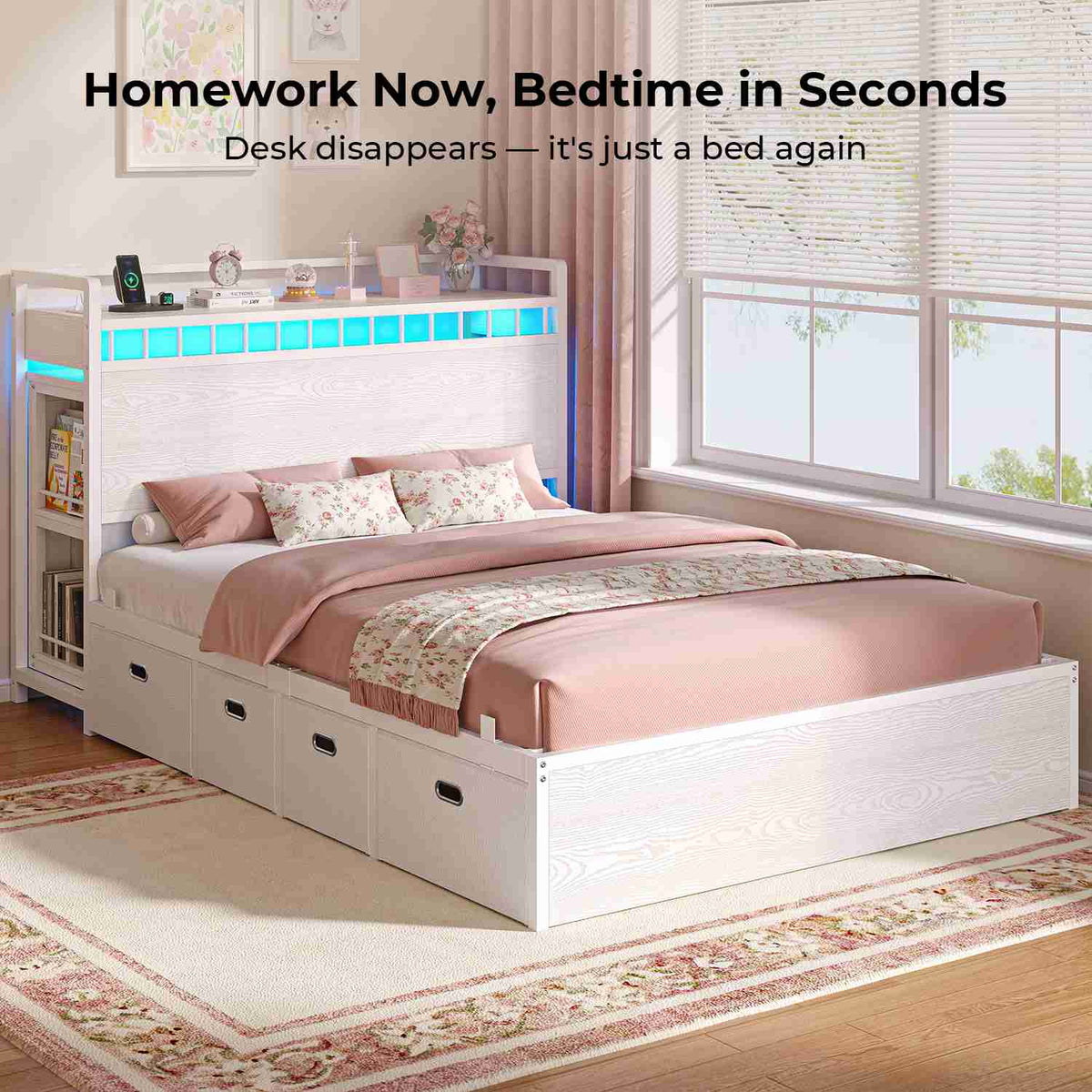ADORNEVE Full Size Bed Frame with Pull-Out Desk and 4 Drawers Platform Bed with 13.7" Widened Shelf Headboard and 2-Tier Bookrack LED Kids Bed with Charging Station