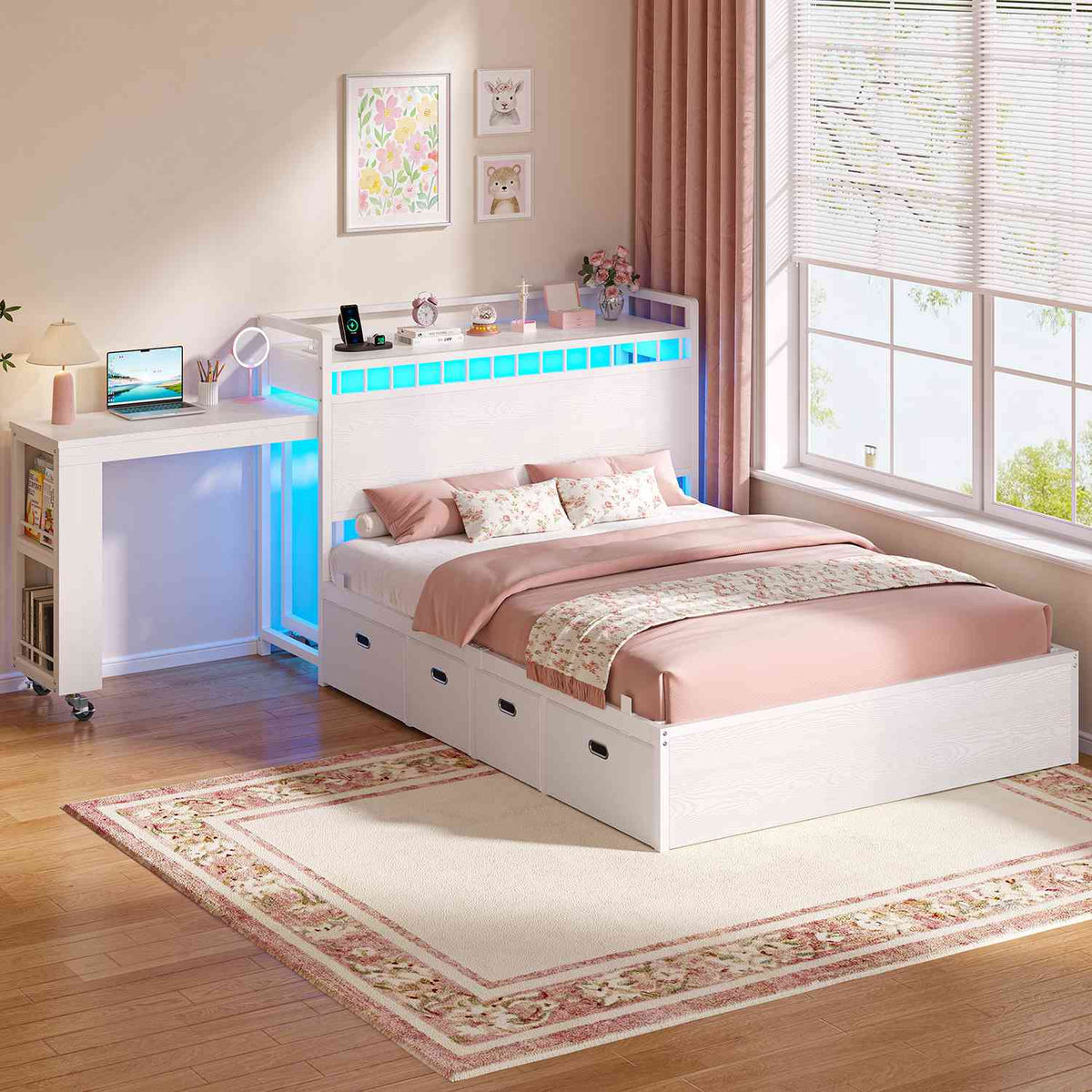 ADORNEVE Full Size Bed Frame with Pull-Out Desk and 4 Drawers Platform Bed with 13.7" Widened Shelf Headboard and 2-Tier Bookrack LED Kids Bed with Charging Station