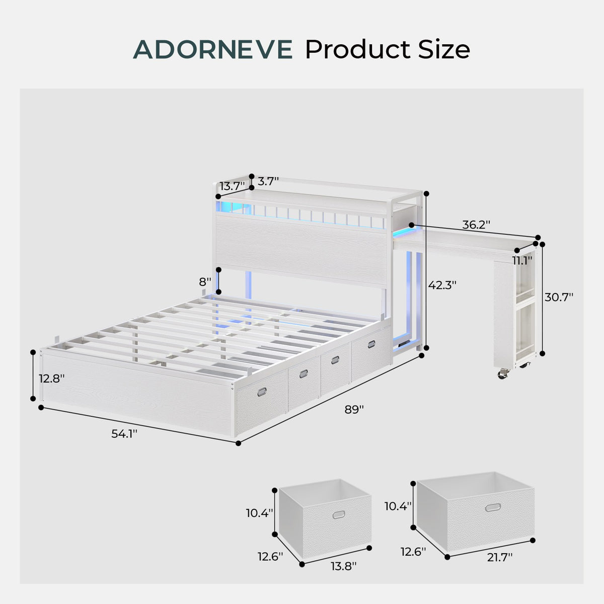 ADORNEVE Full Size Bed Frame with Pull-Out Desk and 4 Drawers Platform Bed with 13.7" Widened Shelf Headboard and 2-Tier Bookrack LED Kids Bed with Charging Station