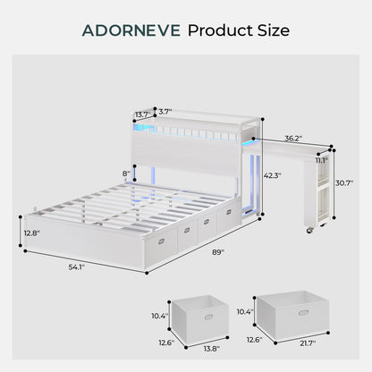 ADORNEVE Full Size Bed Frame with Pull-Out Desk and 4 Drawers Platform Bed with 13.7" Widened Shelf Headboard and 2-Tier Bookrack LED Kids Bed with Charging Station
