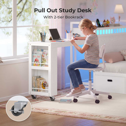 ADORNEVE Full Size Bed Frame with Pull-Out Desk and 4 Drawers Platform Bed with 13.7" Widened Shelf Headboard and 2-Tier Bookrack LED Kids Bed with Charging Station