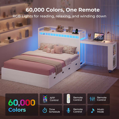 ADORNEVE Full Size Bed Frame with Pull-Out Desk and 4 Drawers Platform Bed with 13.7" Widened Shelf Headboard and 2-Tier Bookrack LED Kids Bed with Charging Station