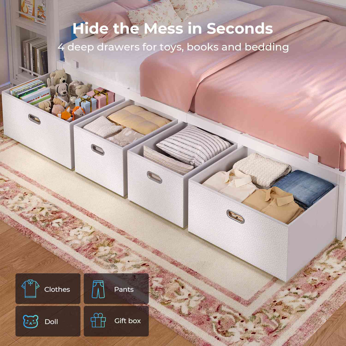 ADORNEVE Full Size Bed Frame with Pull-Out Desk and 4 Drawers Platform Bed with 13.7" Widened Shelf Headboard and 2-Tier Bookrack LED Kids Bed with Charging Station