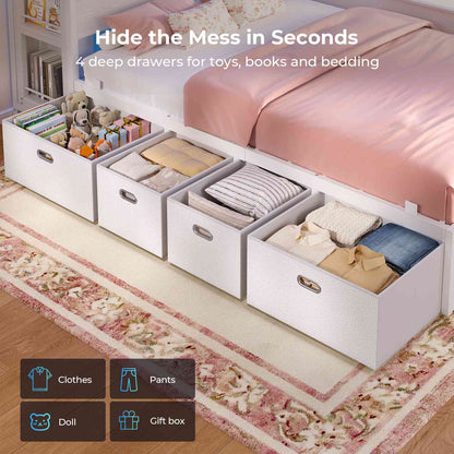 ADORNEVE Full Size Bed Frame with Pull-Out Desk and 4 Drawers Platform Bed with 13.7" Widened Shelf Headboard and 2-Tier Bookrack LED Kids Bed with Charging Station