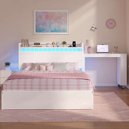 ADORNEVE Full Size Bed Frame with Pull-Out Desk and 4 Drawers Platform Bed with 13.7" Widened Shelf Headboard and 2-Tier Bookrack LED Kids Bed with Charging Station