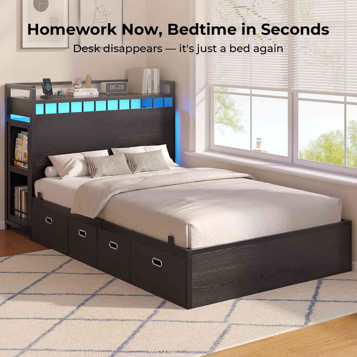 ADORNEVE Study Bed Frame Twin with Pull-Out Desk and Charging Station Platform Bed with 13.7" Widened Shelf Headboard and 2-Tier Bookrack LED Kids Bed with 4 Drawers